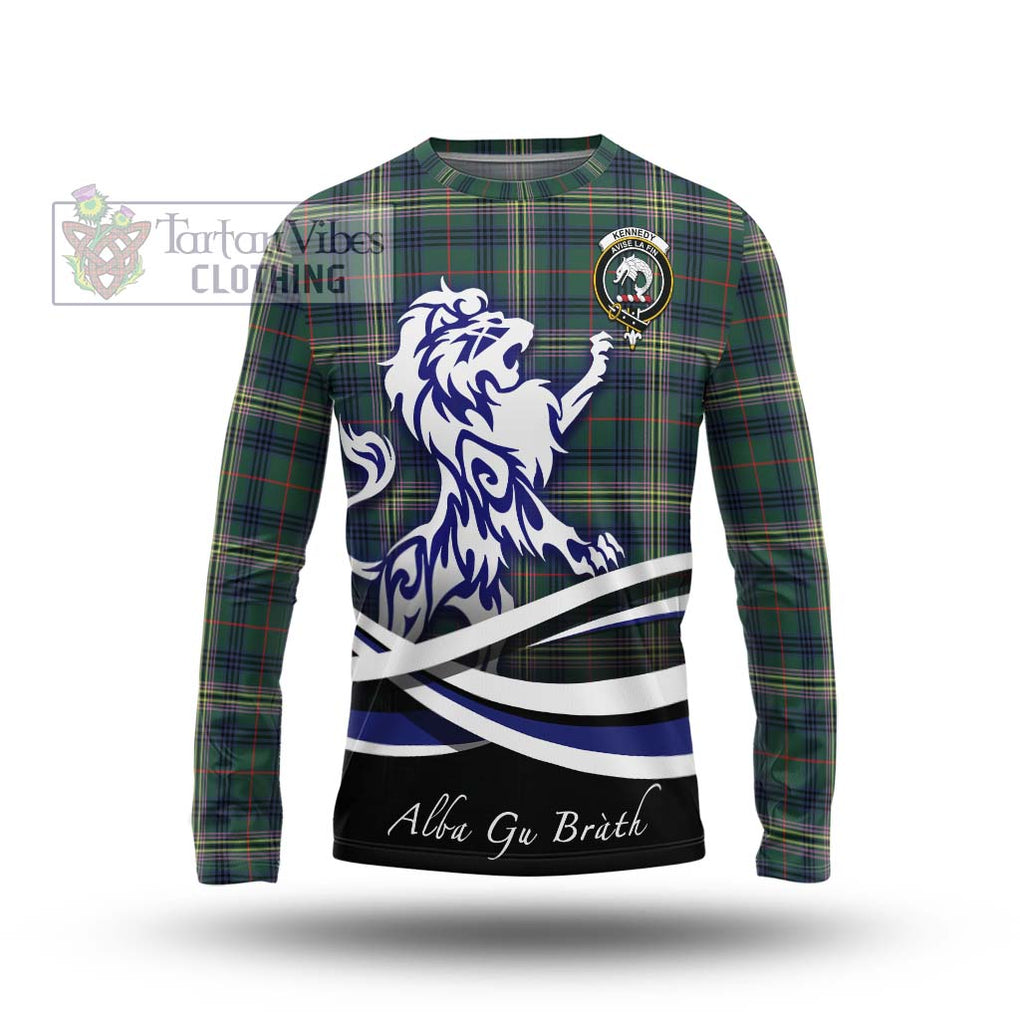 Kennedy Modern Tartan Long Sleeve T-Shirt with Alba Gu Brath Regal Lion Emblem Unisex - Tartanvibesclothing Shop