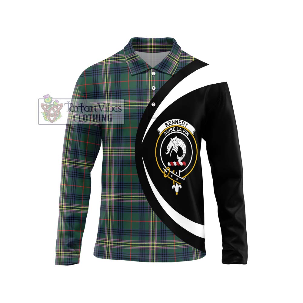 Kennedy Modern Tartan Long Sleeve Polo Shirt with Family Crest Circle Style Unisex - Tartan Vibes Clothing