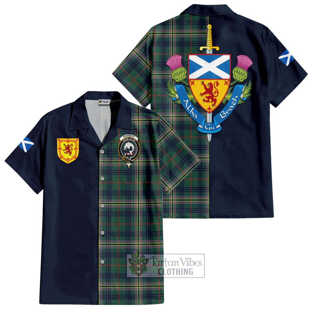 Tartan Vibes Clothing Kennedy Modern Tartan Short Sleeve Button Shirt with Scottish Lion Royal Arm Half Style