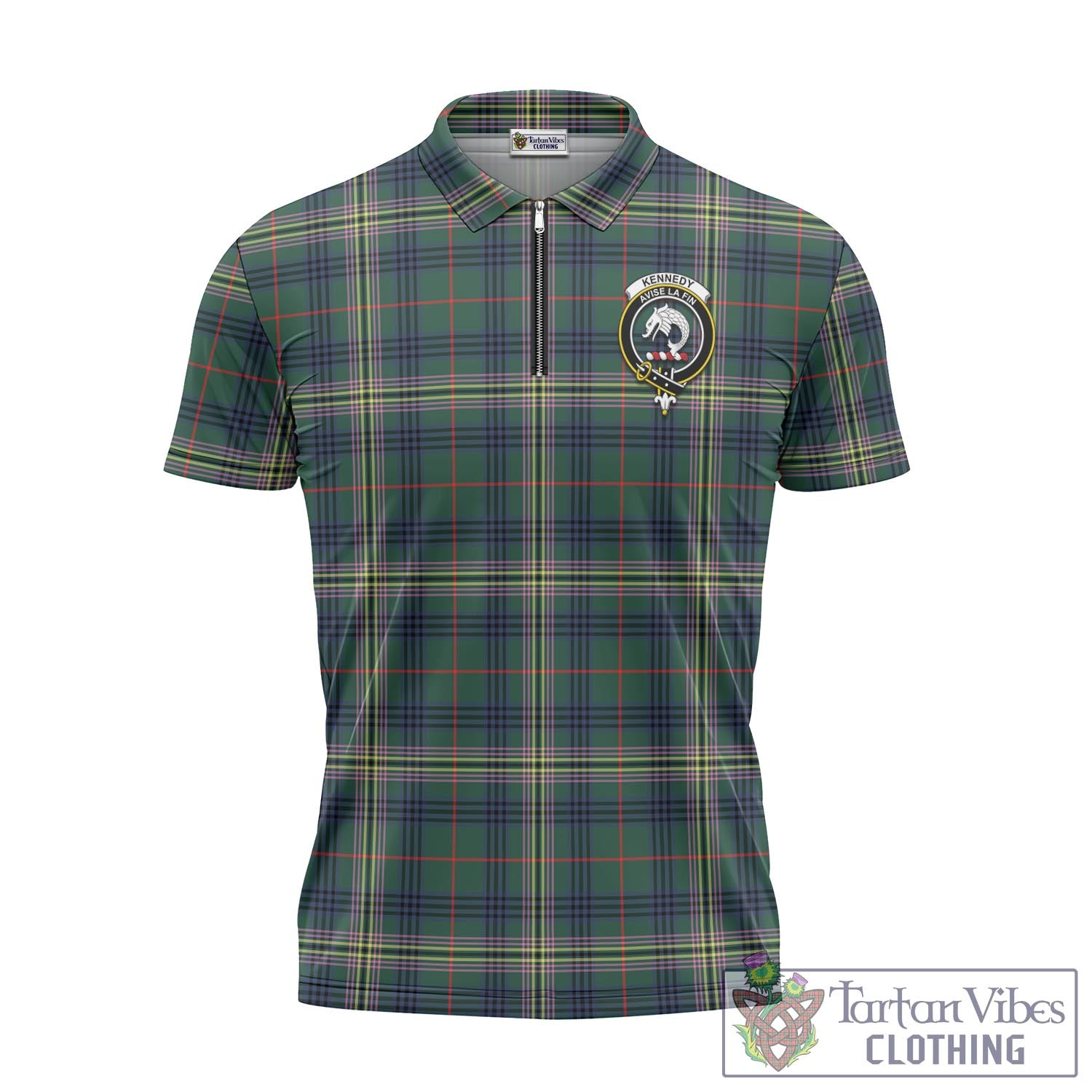 Tartan Vibes Clothing Kennedy Modern Tartan Zipper Polo Shirt with Family Crest