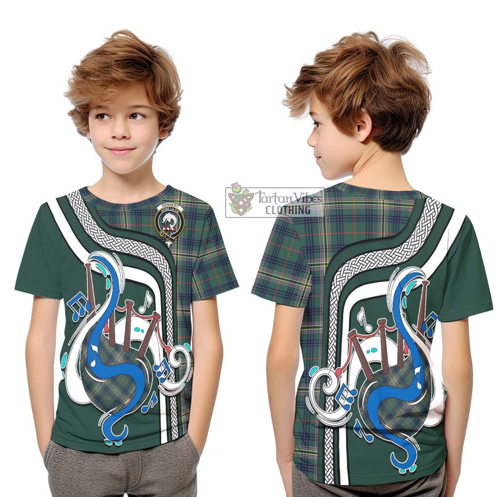 Tartan Vibes Clothing Kennedy Modern Tartan Kid T-Shirt with Epic Bagpipe Style