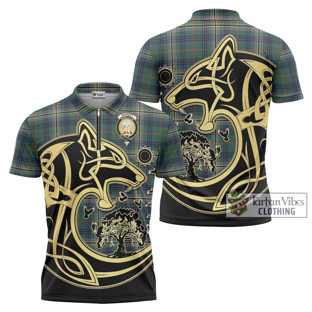 Kennedy Modern Tartan Zipper Polo Shirt with Family Crest Celtic Wolf Style Unisex - Tartanvibesclothing Shop