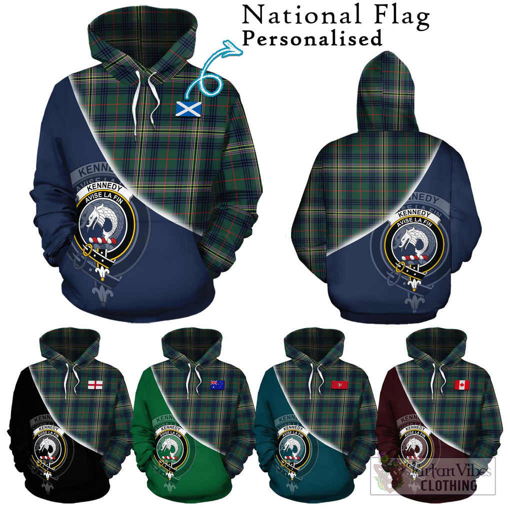 Kennedy Modern Tartan Hoodie with Personalised National Flag and Family Crest Half Style Zip Hoodie - Tartanvibesclothing Shop