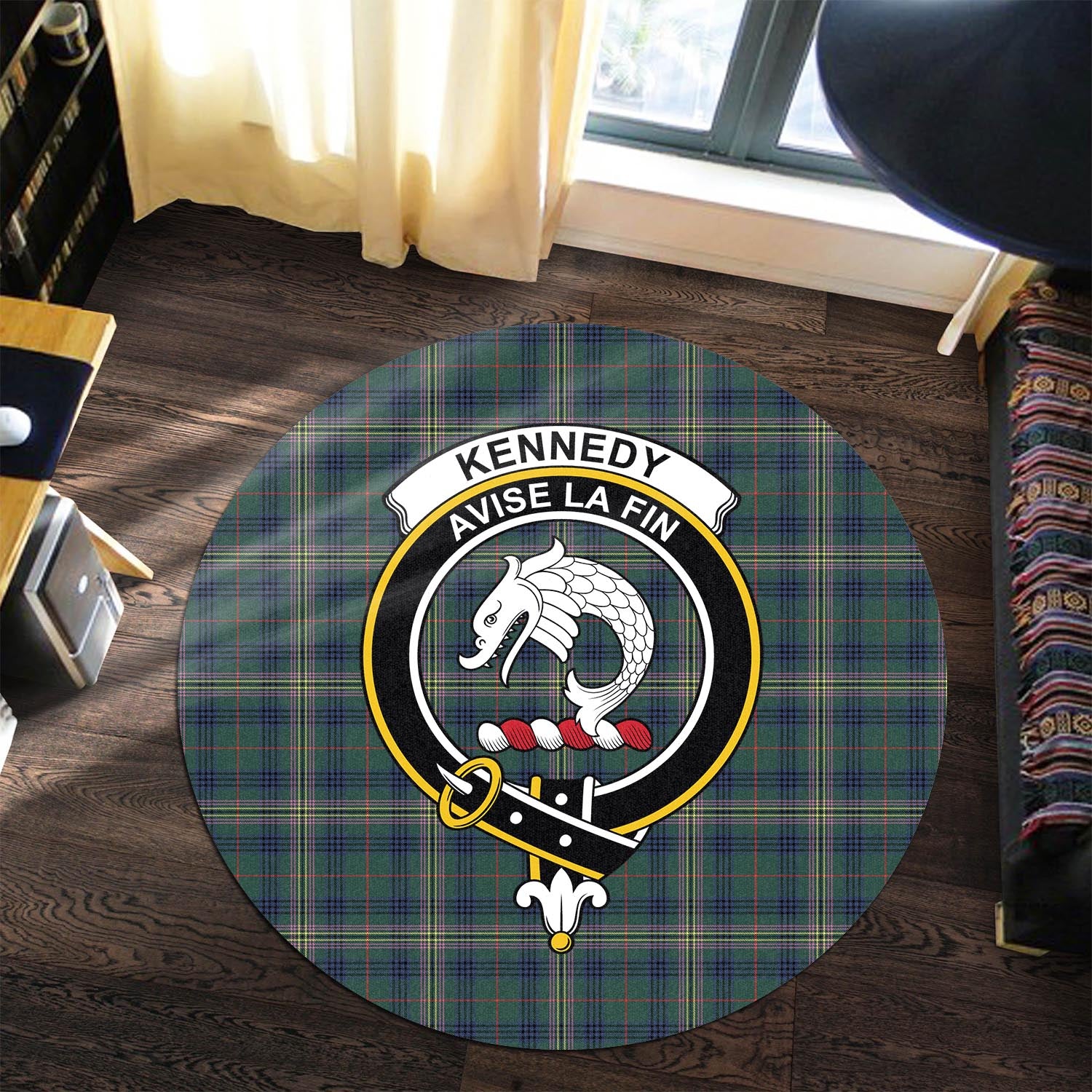 kennedy-modern-tartan-round-rug-with-family-crest