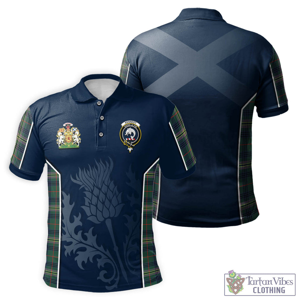 Tartan Vibes Clothing Kennedy Modern Tartan Men's Polo Shirt with Family Crest and Scottish Thistle Vibes Sport Style