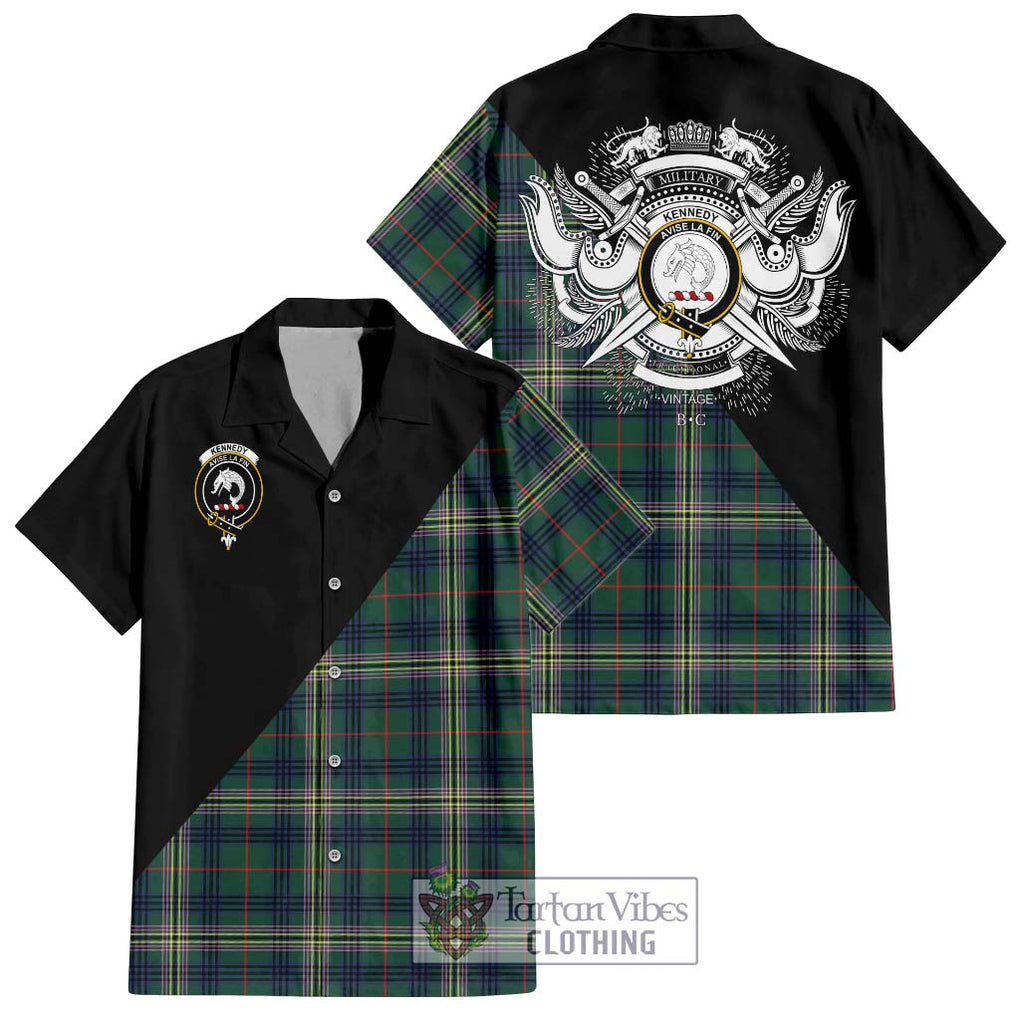 Kennedy Modern Tartan Short Sleeve Button Shirt with Family Crest and Military Logo Style Kid - Tartanvibesclothing Shop