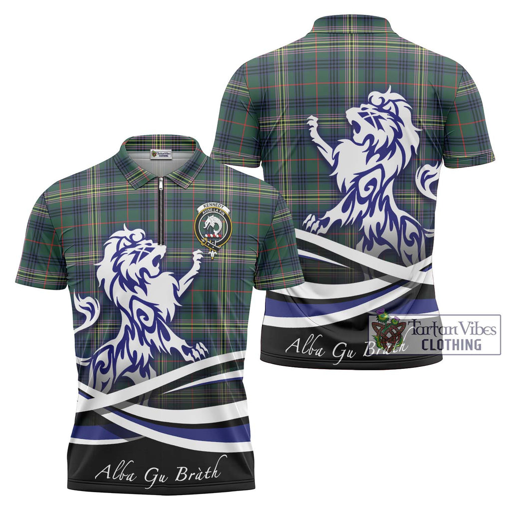 Kennedy Modern Tartan Zipper Polo Shirt with Alba Gu Brath Regal Lion Emblem Unisex - Tartanvibesclothing Shop