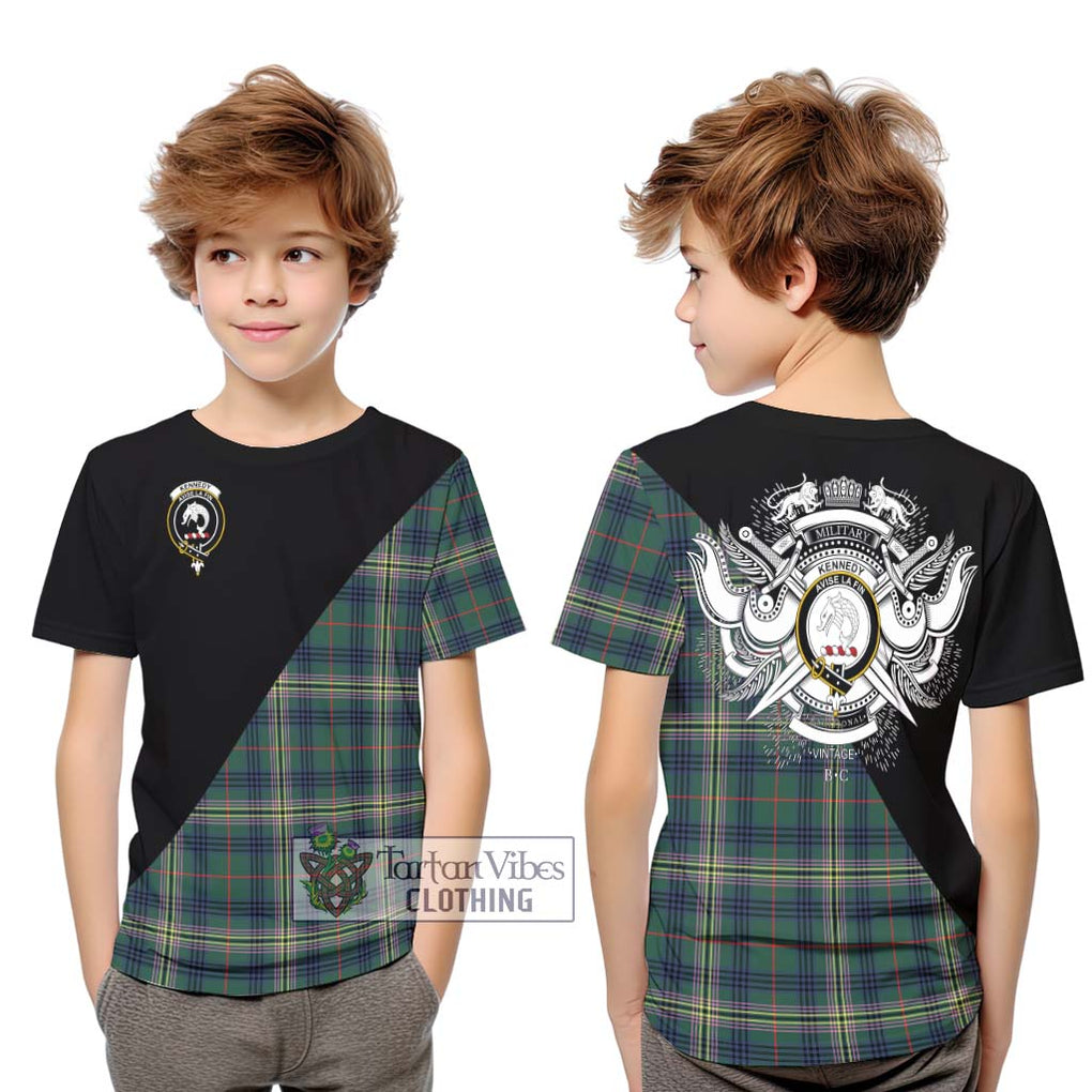 Kennedy Modern Tartan Kid T-Shirt with Family Crest and Military Logo Style Youth XL Size14 - Tartanvibesclothing Shop