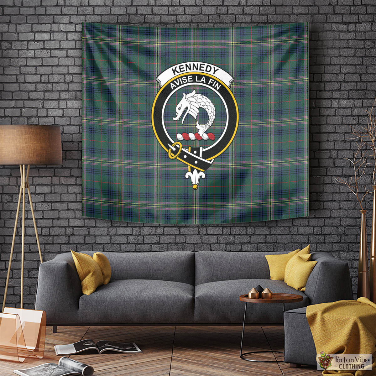 Tartan Vibes Clothing Kennedy Modern Tartan Tapestry Wall Hanging and Home Decor for Room with Family Crest