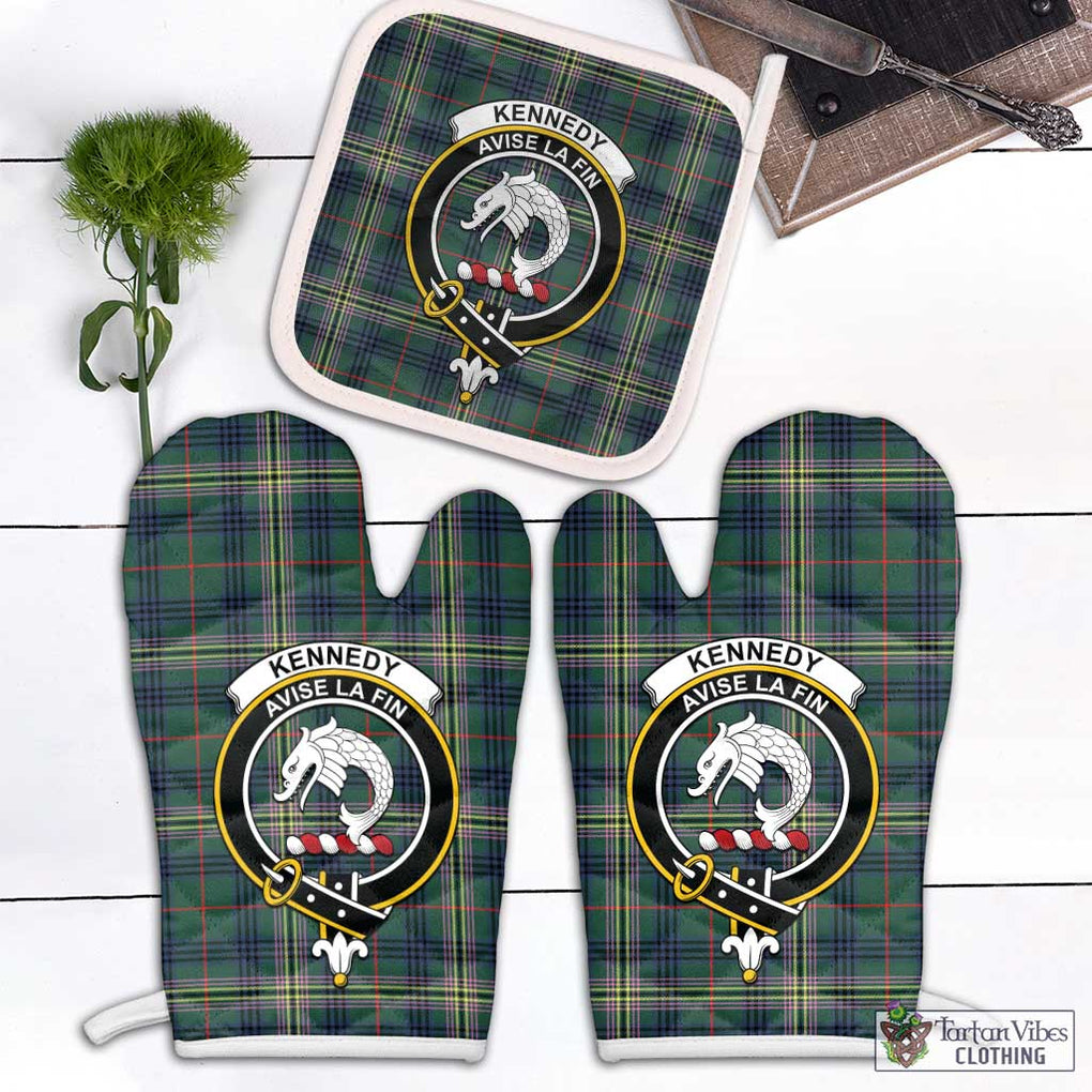 Kennedy Modern Tartan Combo Oven Mitt & Pot-Holder with Family Crest Combo 1 Oven Mitt & 1 Pot-Holder White - Tartan Vibes Clothing