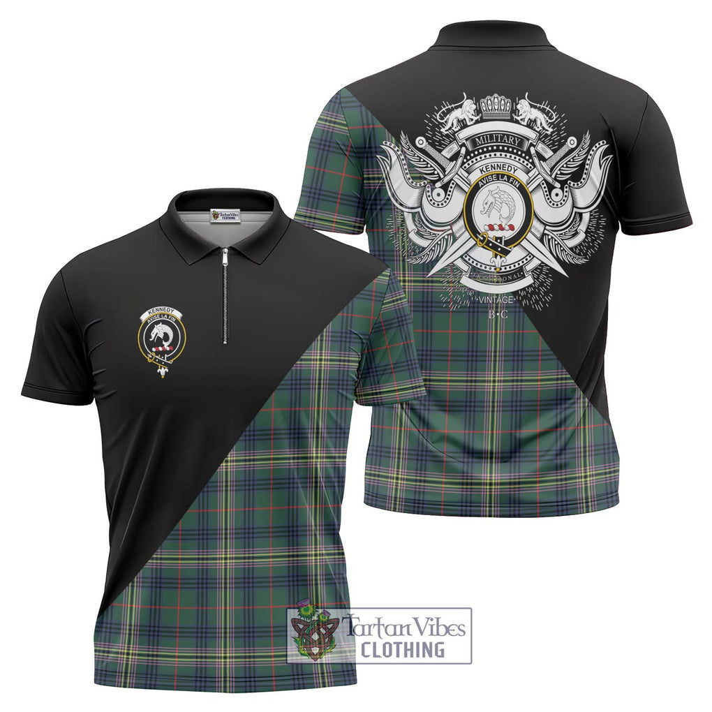 Kennedy Modern Tartan Zipper Polo Shirt with Family Crest and Military Logo Style Unisex - Tartanvibesclothing Shop