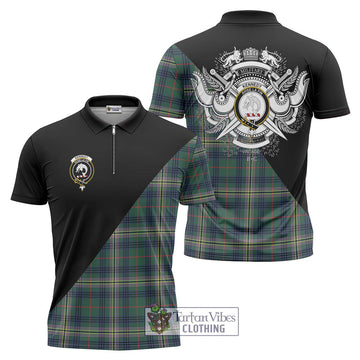 Kennedy Modern Tartan Zipper Polo Shirt with Family Crest and Military Logo Style