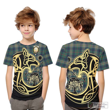 Kennedy Modern Tartan Kid T-Shirt with Family Crest Celtic Wolf Style