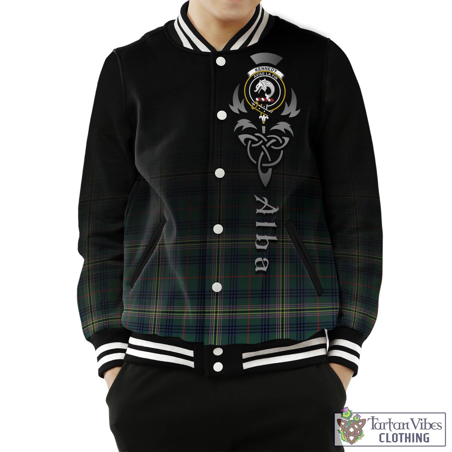 Tartan Vibes Clothing Kennedy Modern Tartan Baseball Jacket Featuring Alba Gu Brath Family Crest Celtic Inspired