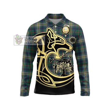 Kennedy Modern Tartan Long Sleeve Polo Shirt with Family Crest Celtic Wolf Style