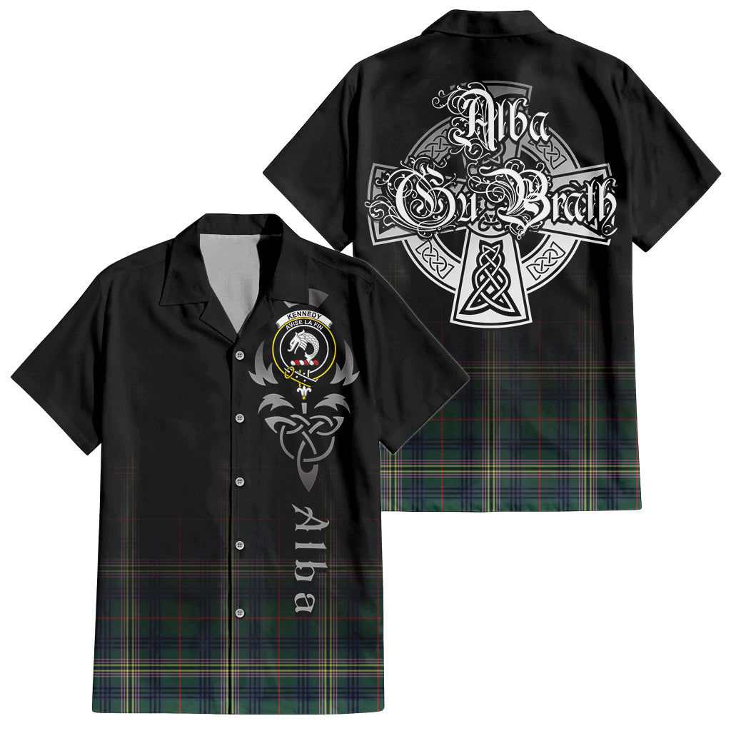 Tartan Vibes Clothing Kennedy Modern Tartan Short Sleeve Button Up Featuring Alba Gu Brath Family Crest Celtic Inspired