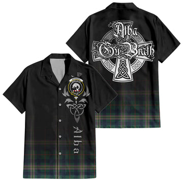 Kennedy Modern Tartan Short Sleeve Button Up Shirt Featuring Alba Gu Brath Family Crest Celtic Inspired