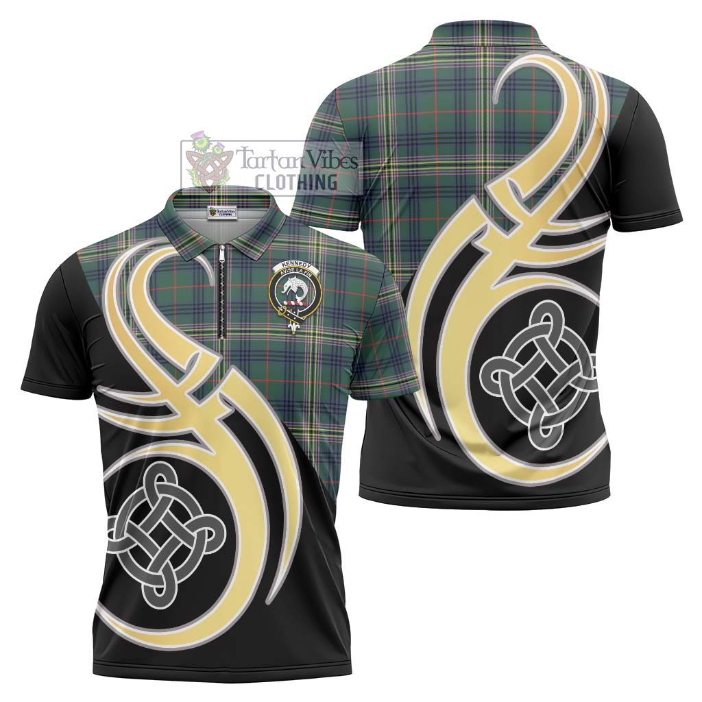 Tartan Vibes Clothing Kennedy Modern Tartan Zipper Polo Shirt with Family Crest and Celtic Symbol Style