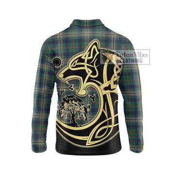 Kennedy Modern Tartan Long Sleeve Polo Shirt with Family Crest Celtic Wolf Style