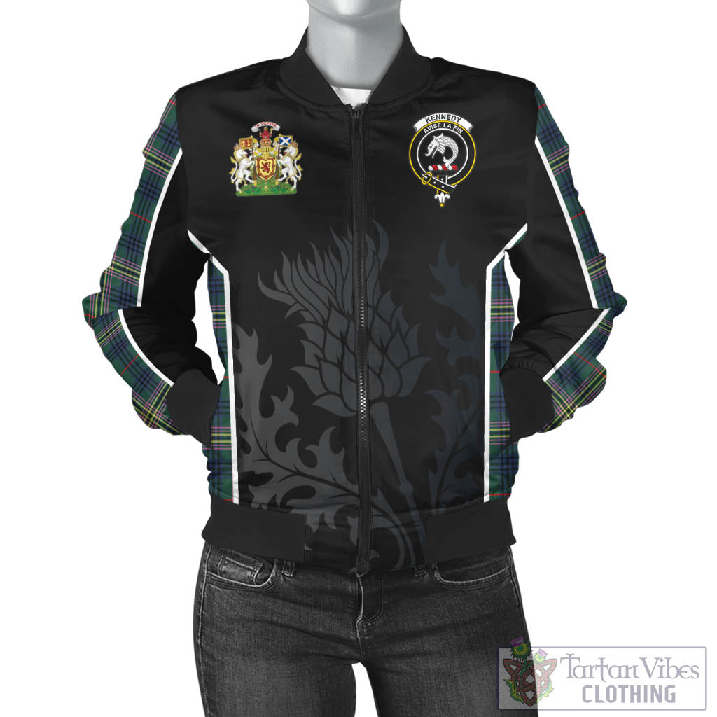 Tartan Vibes Clothing Kennedy Modern Tartan Bomber Jacket with Family Crest and Scottish Thistle Vibes Sport Style