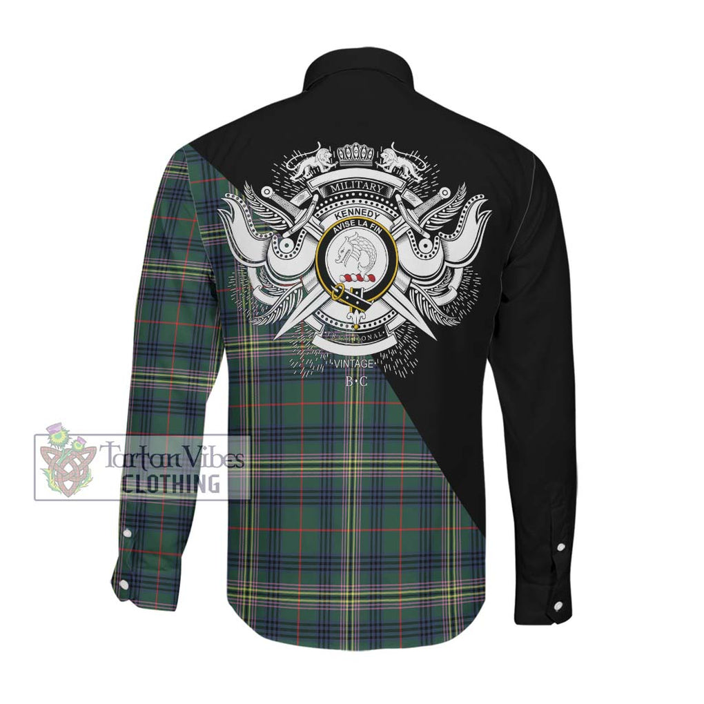 Kennedy Modern Tartan Long Sleeve Button Shirt with Family Crest and Military Logo Style Men's Shirt - Tartanvibesclothing Shop