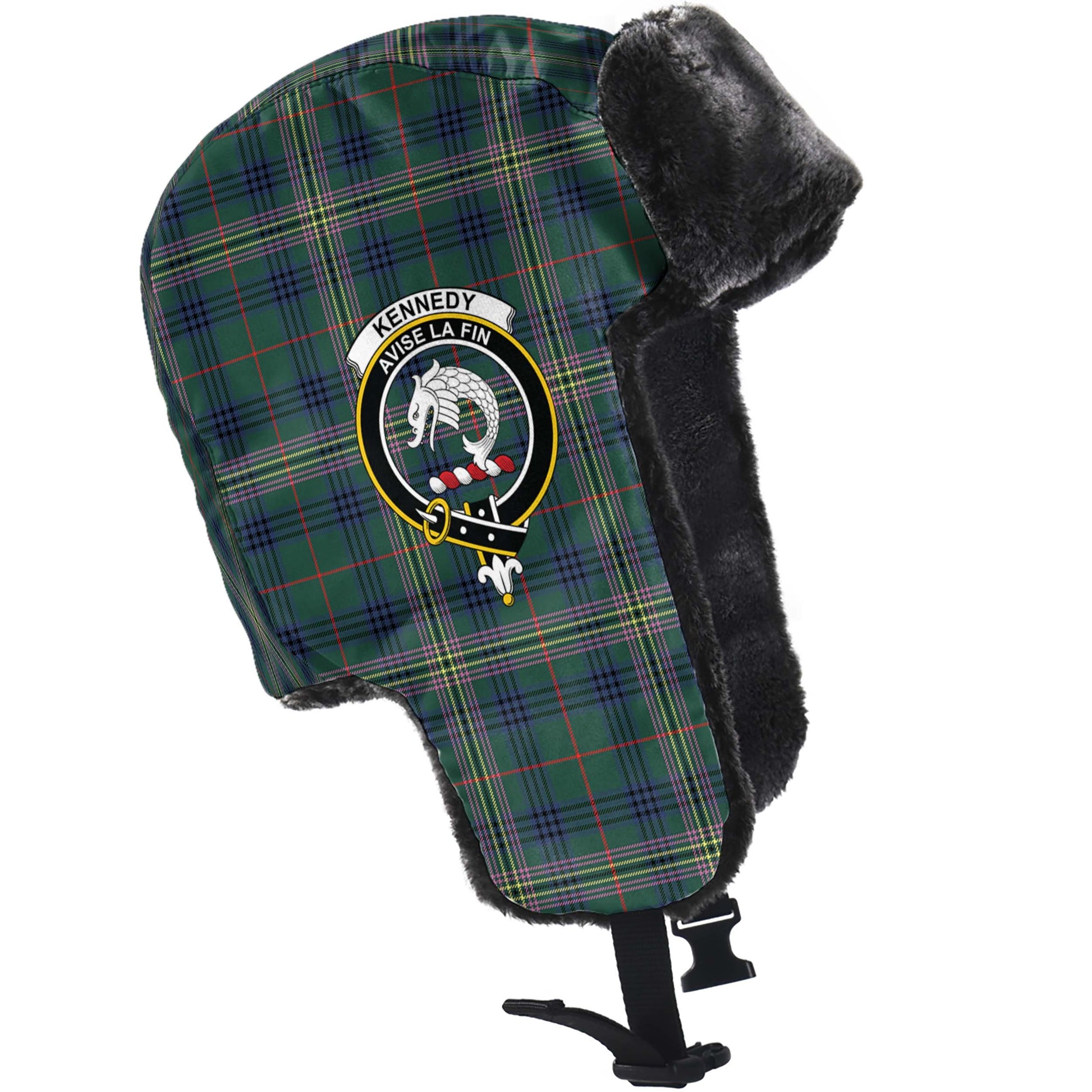 Kennedy Modern Tartan Winter Trapper Hat with Family Crest - Tartanvibesclothing