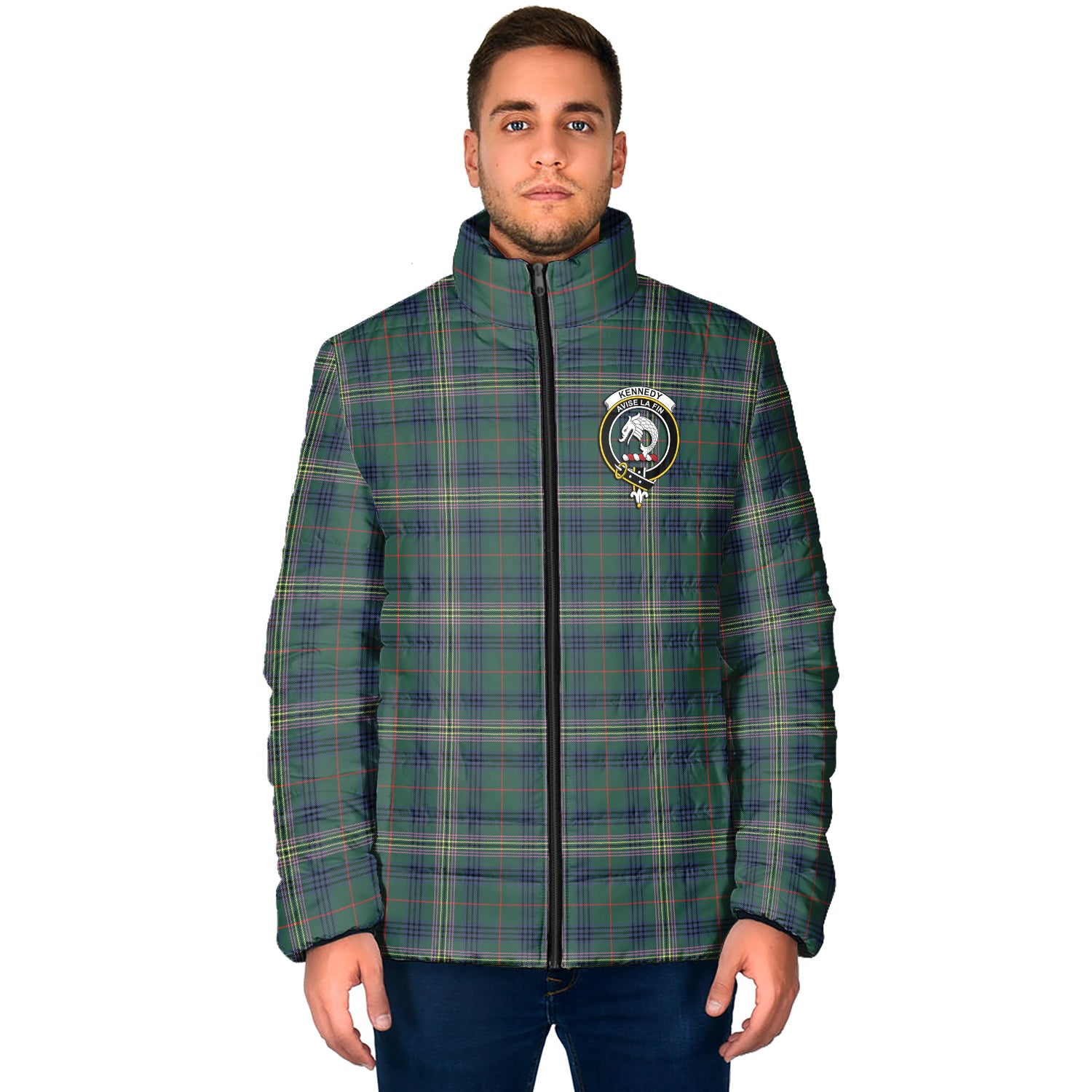 Kennedy Modern Tartan Padded Jacket with Family Crest - Tartan Vibes Clothing