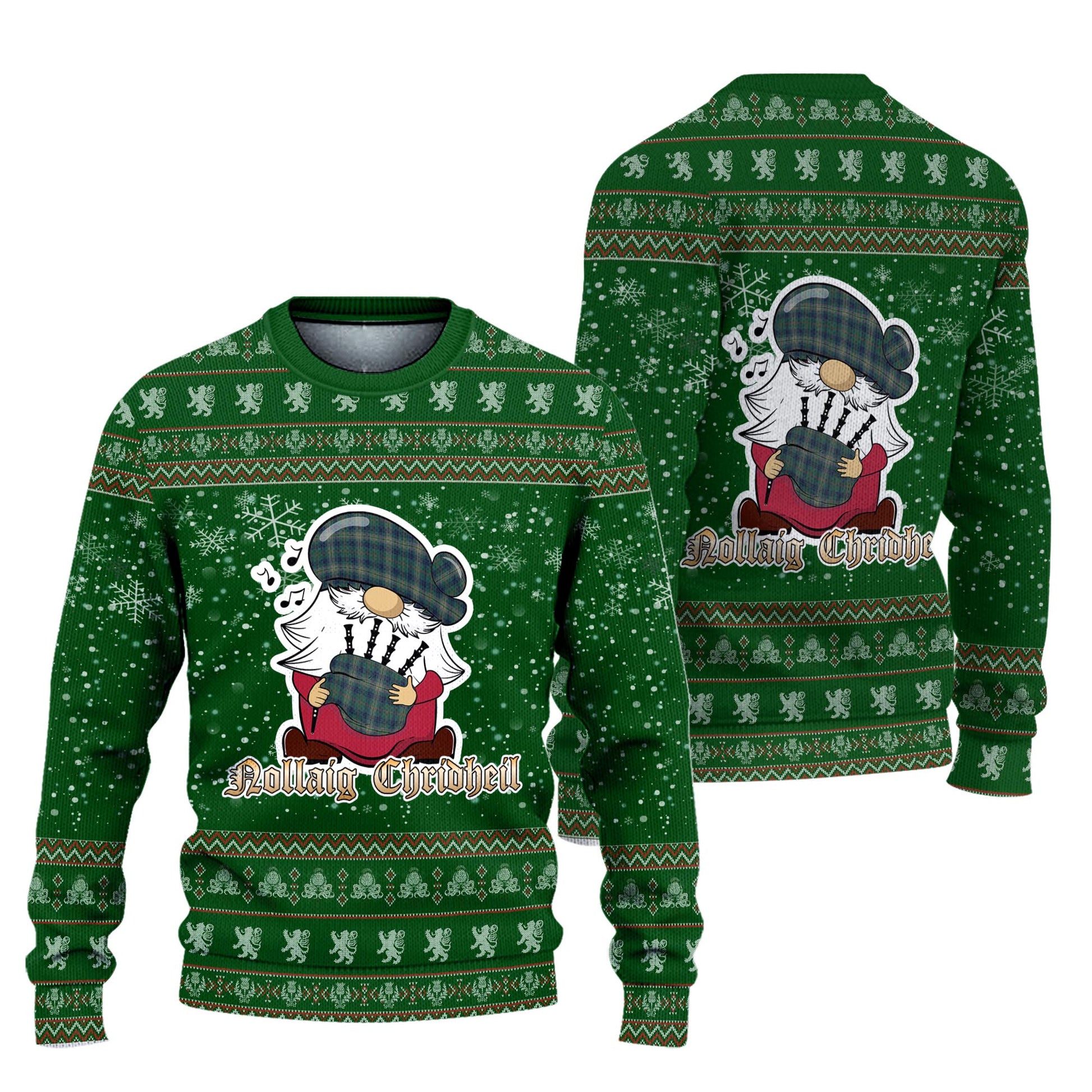 Kennedy Modern Clan Christmas Family Knitted Sweater with Funny Gnome Playing Bagpipes Unisex Green - Tartanvibesclothing