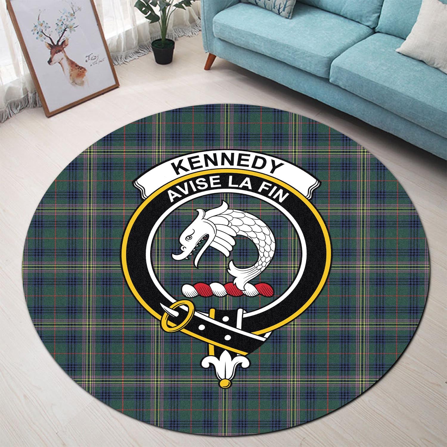 kennedy-modern-tartan-round-rug-with-family-crest