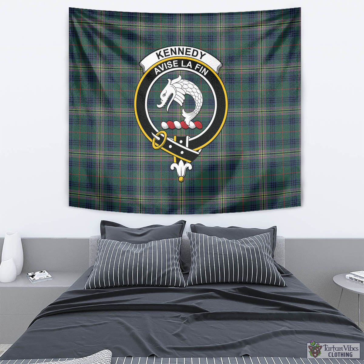 Tartan Vibes Clothing Kennedy Modern Tartan Tapestry Wall Hanging and Home Decor for Room with Family Crest