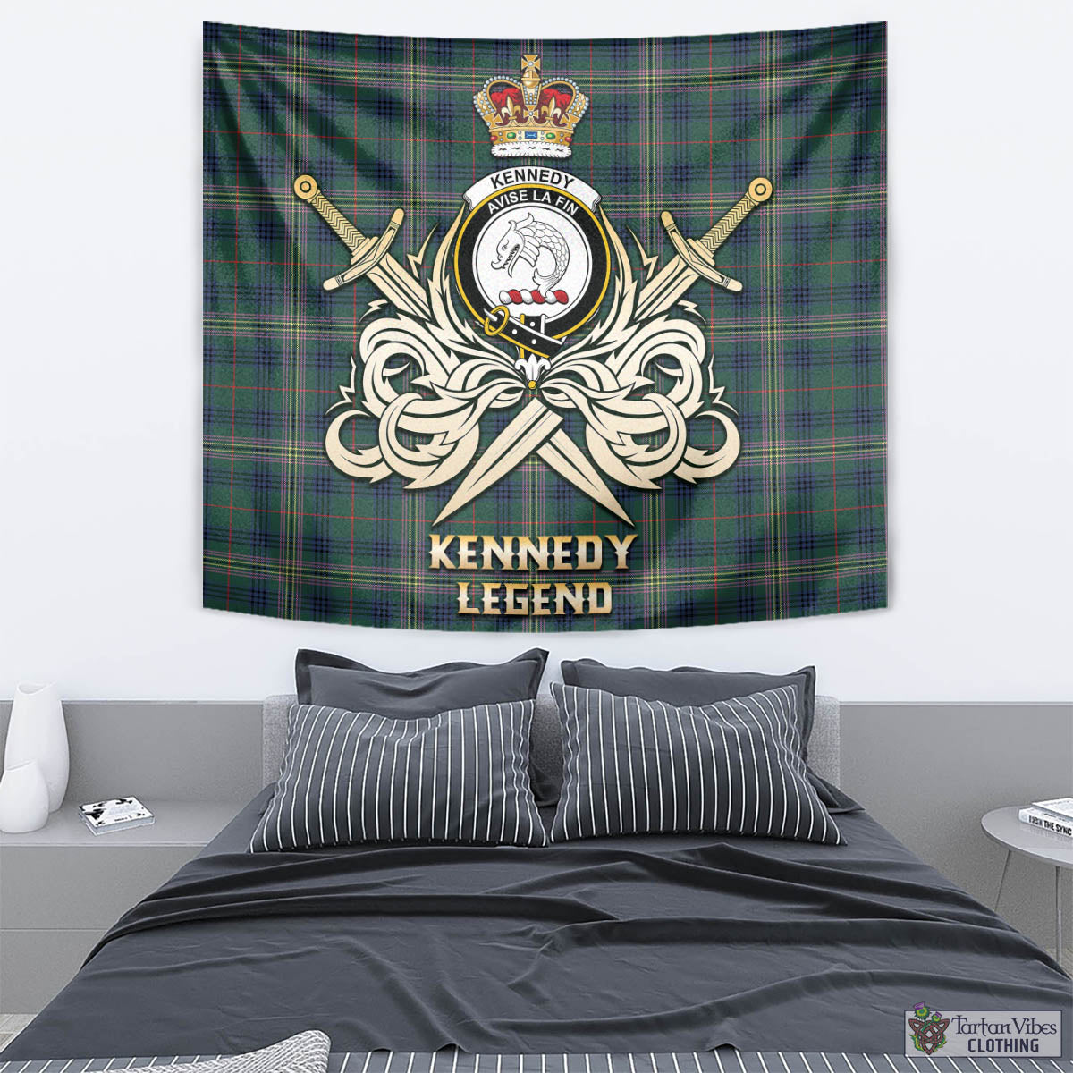 Tartan Vibes Clothing Kennedy Modern Tartan Tapestry with Clan Crest and the Golden Sword of Courageous Legacy