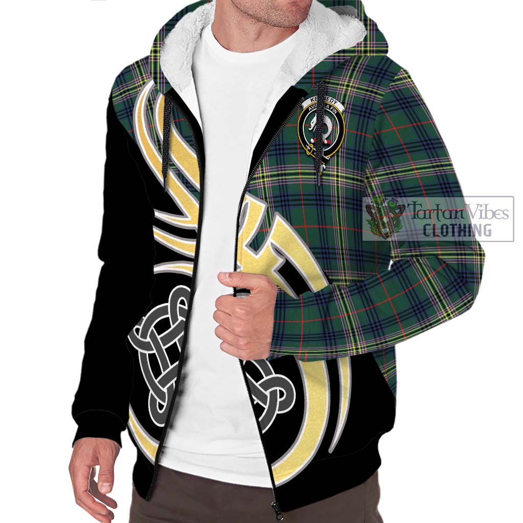 Kennedy Modern Tartan Sherpa Hoodie with Family Crest and Celtic Symbol Style - Tartan Vibes Clothing