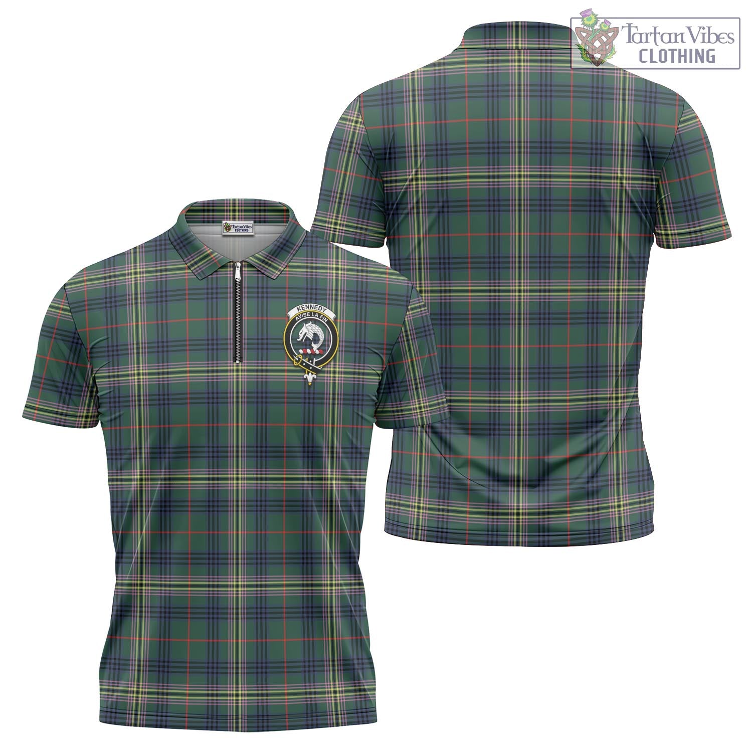 Tartan Vibes Clothing Kennedy Modern Tartan Zipper Polo Shirt with Family Crest