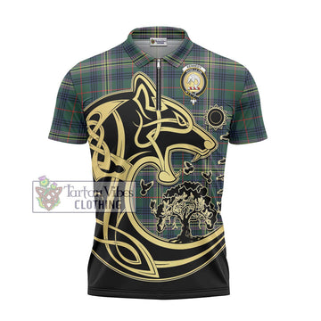 Kennedy Modern Tartan Zipper Polo Shirt with Family Crest Celtic Wolf Style