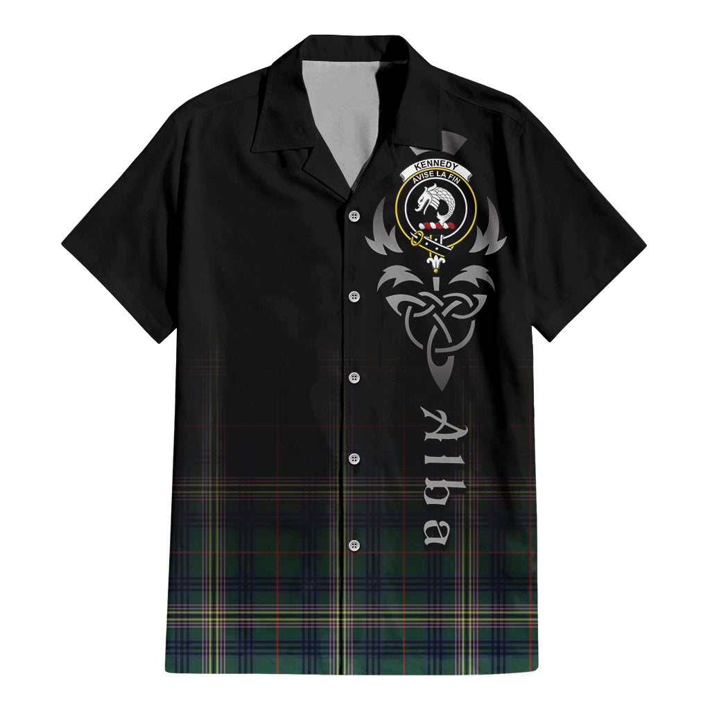 Tartan Vibes Clothing Kennedy Modern Tartan Short Sleeve Button Up Featuring Alba Gu Brath Family Crest Celtic Inspired