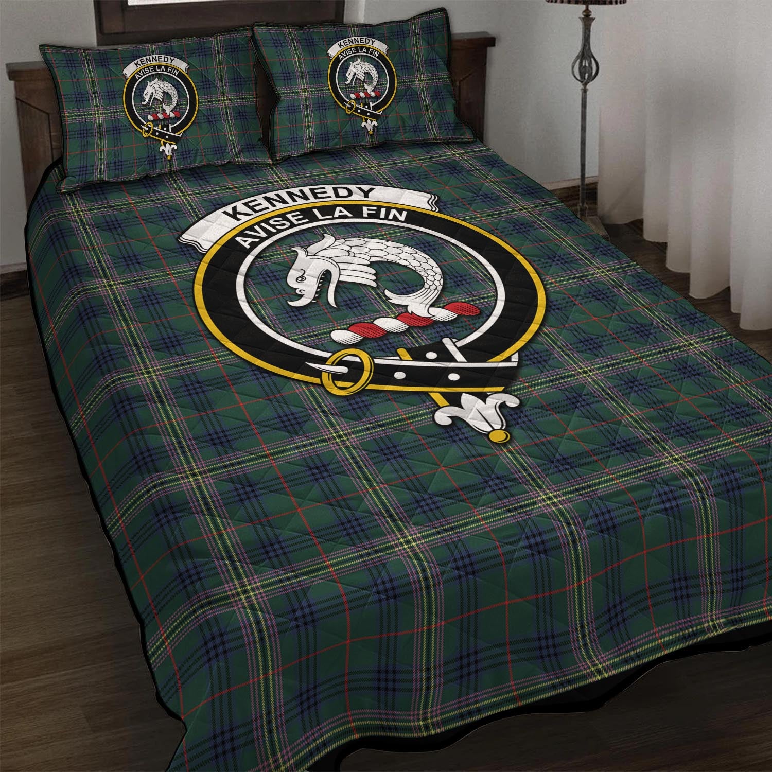 Kennedy Modern Tartan Quilt Bed Set with Family Crest - Tartan Vibes Clothing