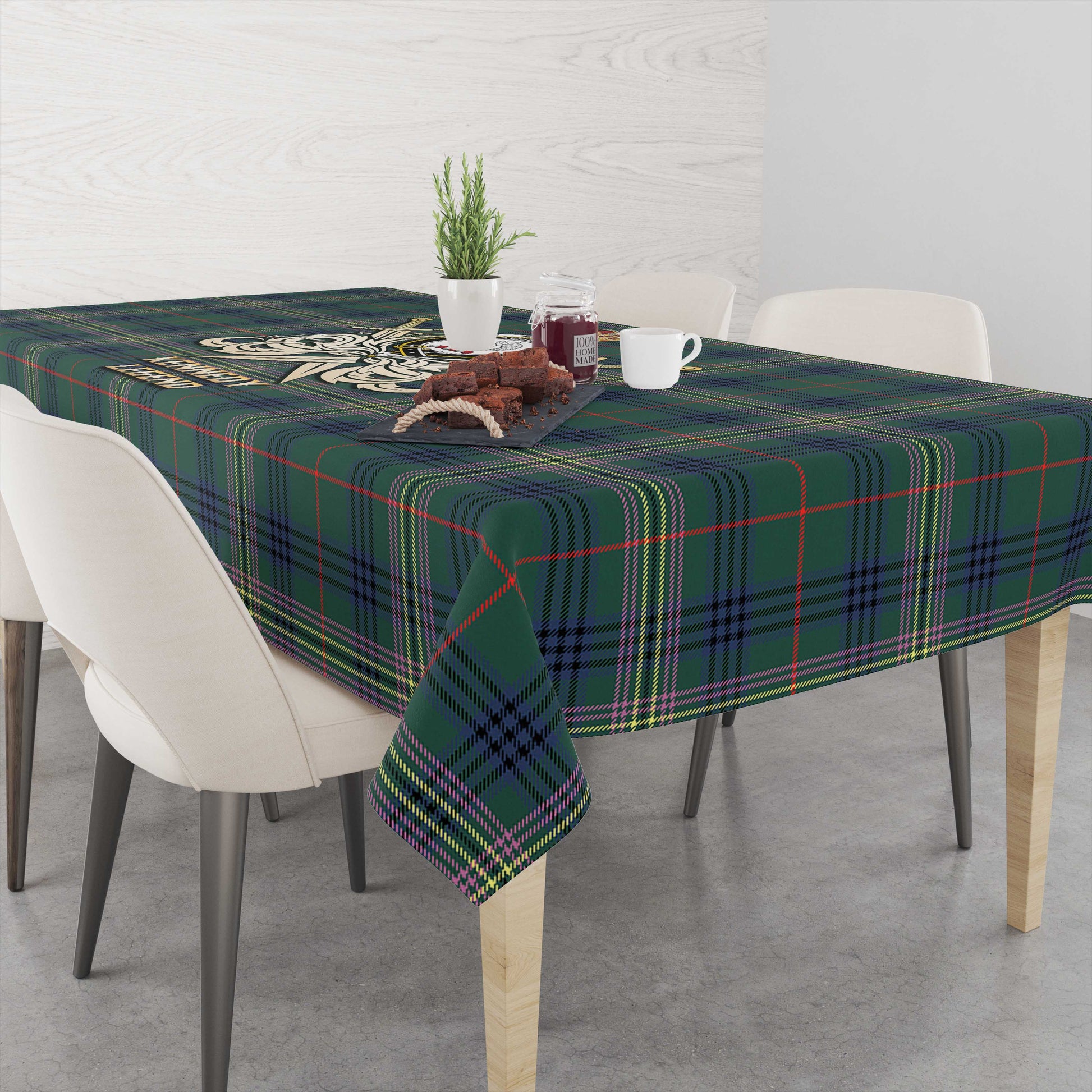 Tartan Vibes Clothing Kennedy Modern Tartan Tablecloth with Clan Crest and the Golden Sword of Courageous Legacy