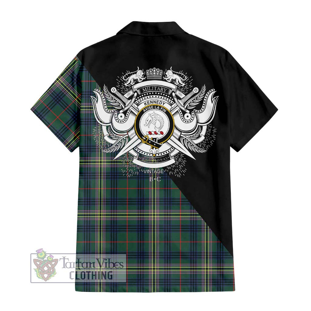 Kennedy Modern Tartan Short Sleeve Button Shirt with Family Crest and Military Logo Style - Tartanvibesclothing Shop