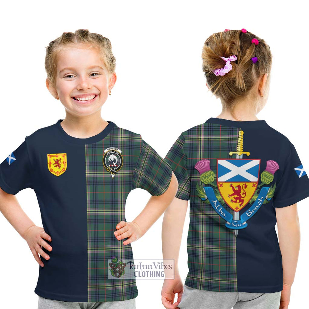 Tartan Vibes Clothing Kennedy Modern Tartan Kid T-Shirt with Scottish Lion Royal Arm Half Style