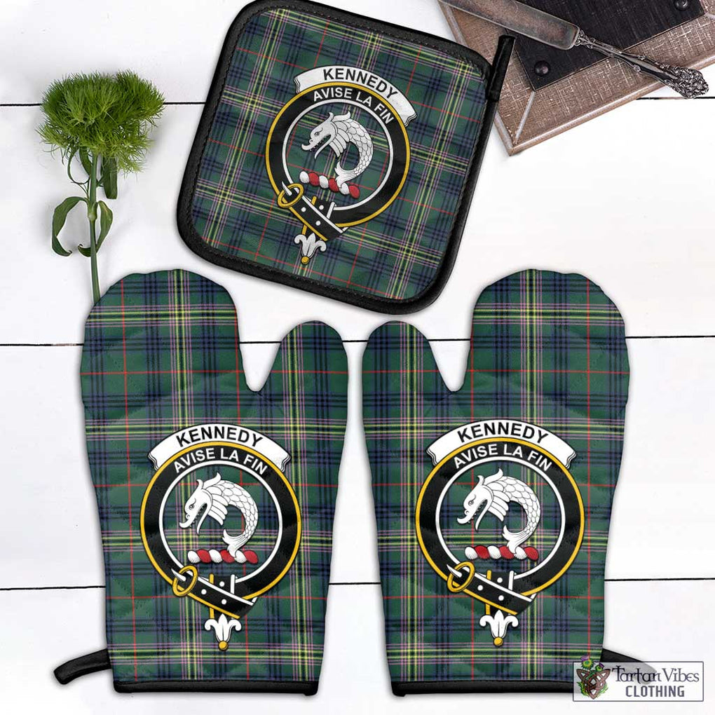 Kennedy Modern Tartan Combo Oven Mitt & Pot-Holder with Family Crest Combo 1 Oven Mitt & 1 Pot-Holder Black - Tartan Vibes Clothing