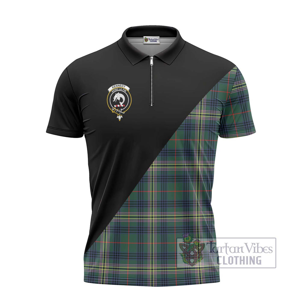 Kennedy Modern Tartan Zipper Polo Shirt with Family Crest and Military Logo Style - Tartanvibesclothing Shop