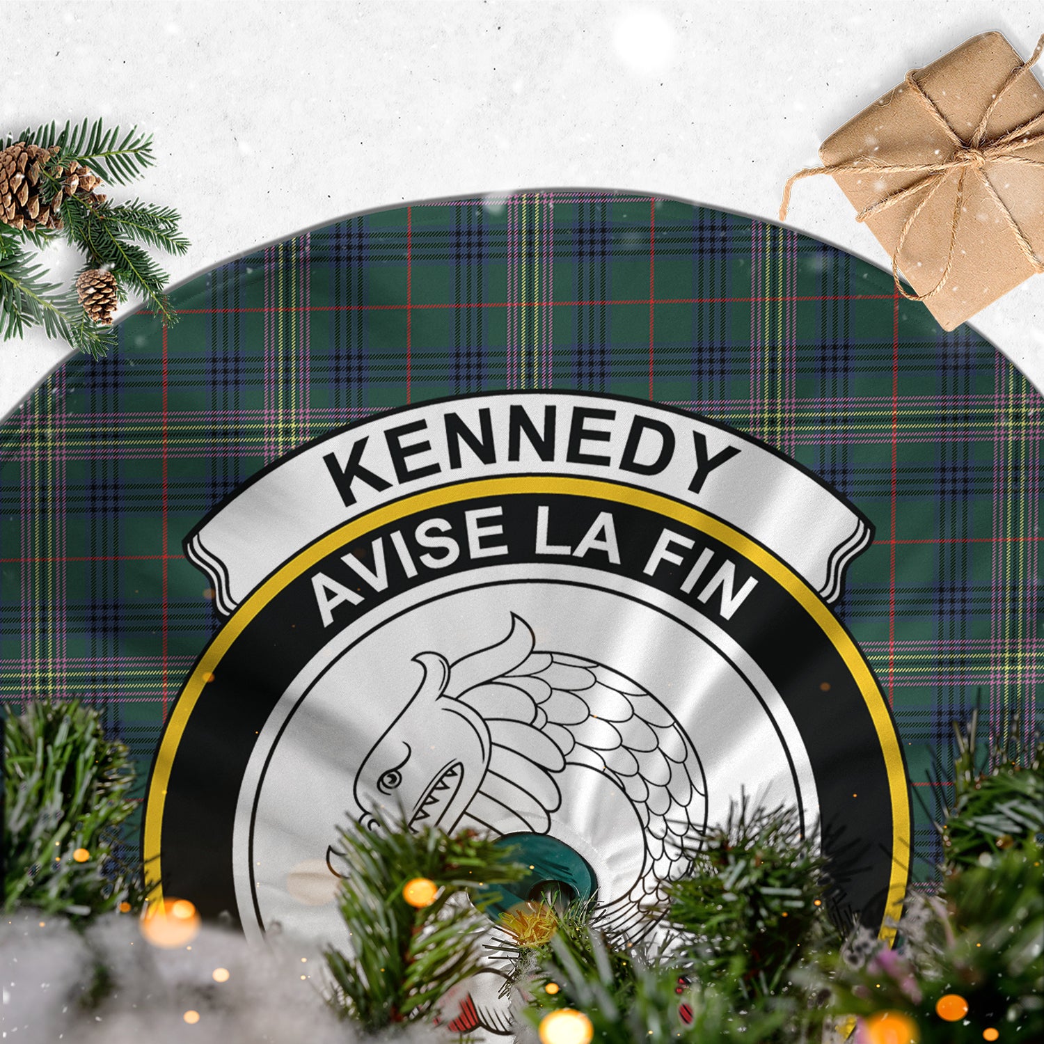 Kennedy Modern Tartan Christmas Tree Skirt with Family Crest - Tartanvibesclothing