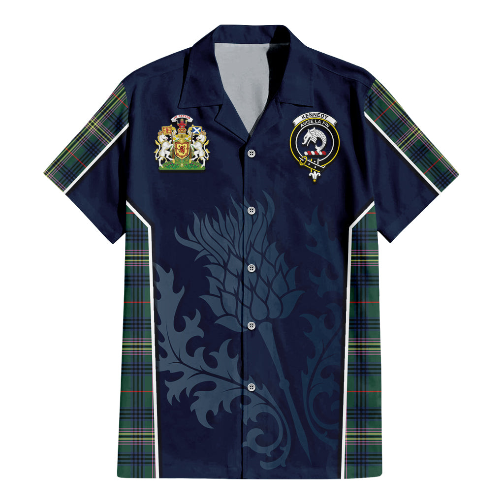 Tartan Vibes Clothing Kennedy Modern Tartan Short Sleeve Button Up Shirt with Family Crest and Scottish Thistle Vibes Sport Style