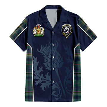 Kennedy Modern Tartan Short Sleeve Button Up Shirt with Family Crest and Scottish Thistle Vibes Sport Style