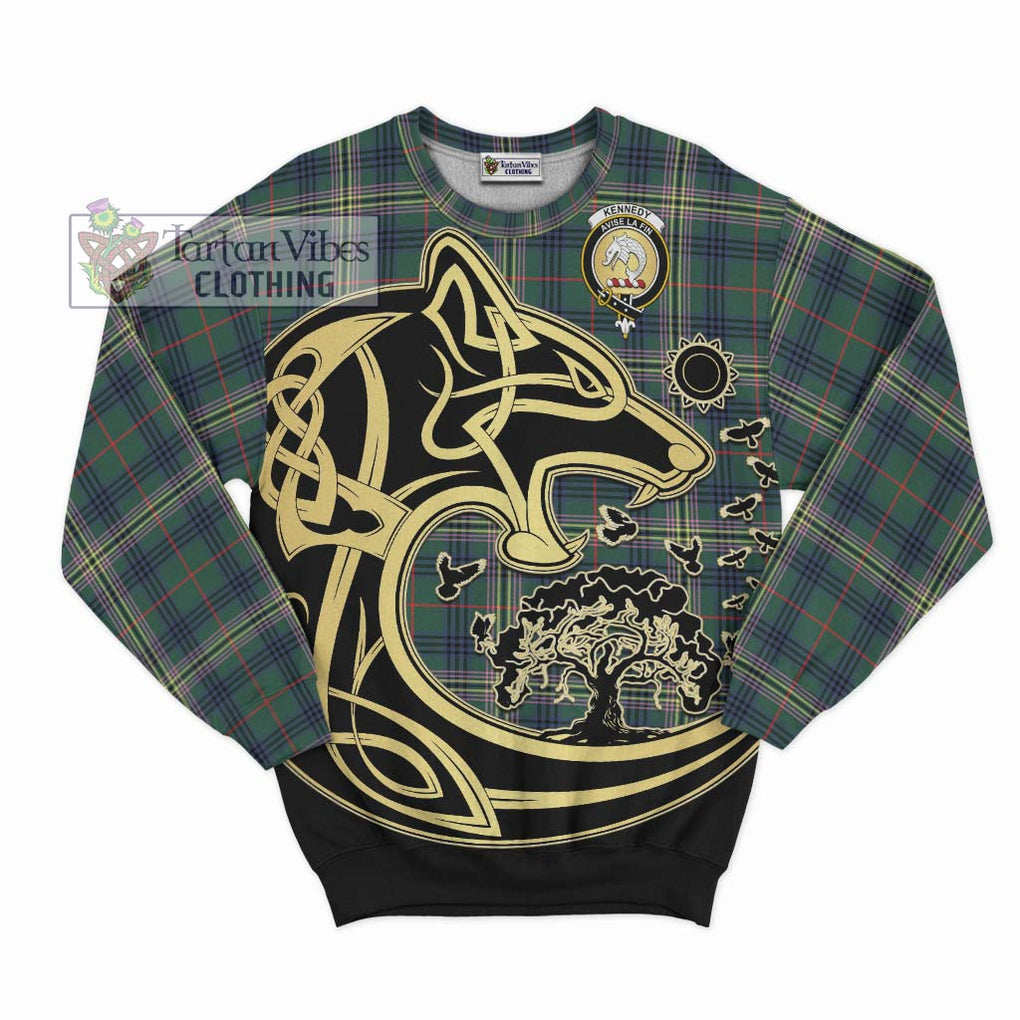 Kennedy Modern Tartan Sweatshirt with Family Crest Celtic Wolf Style - Tartan Vibes Clothing