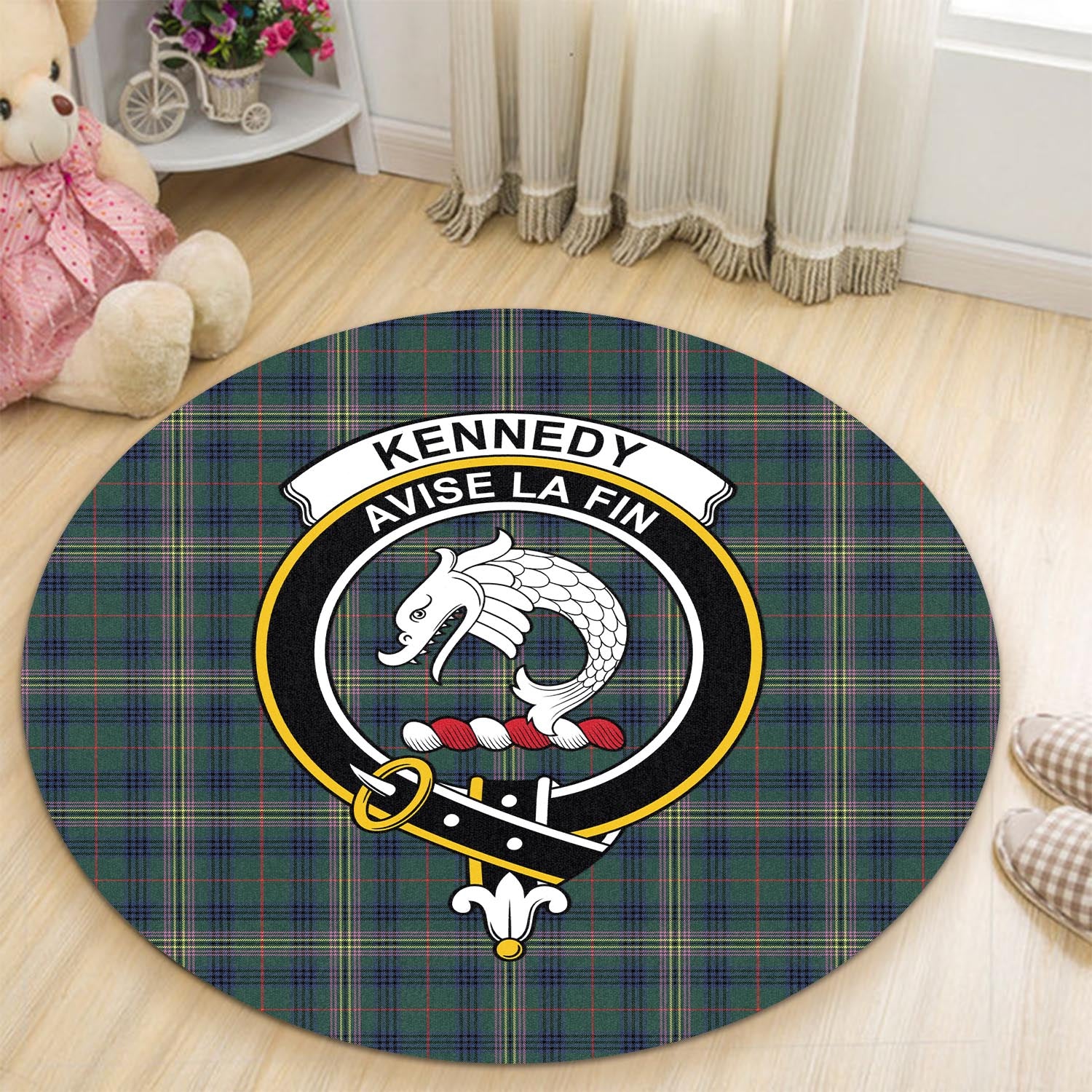 kennedy-modern-tartan-round-rug-with-family-crest