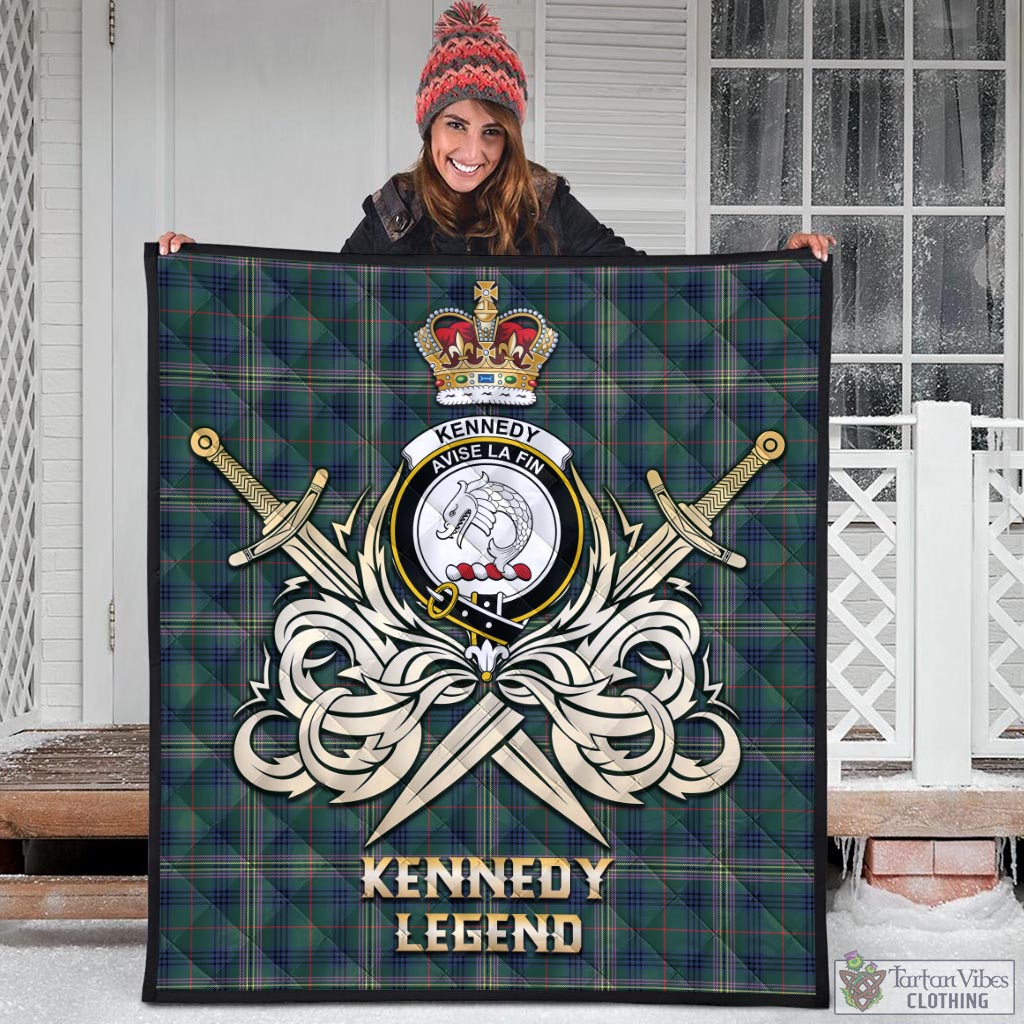 Tartan Vibes Clothing Kennedy Modern Tartan Quilt with Clan Crest and the Golden Sword of Courageous Legacy