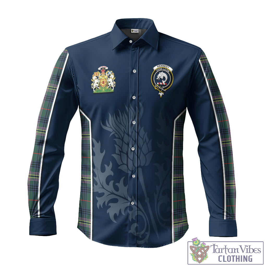 Tartan Vibes Clothing Kennedy Modern Tartan Long Sleeve Button Up Shirt with Family Crest and Scottish Thistle Vibes Sport Style