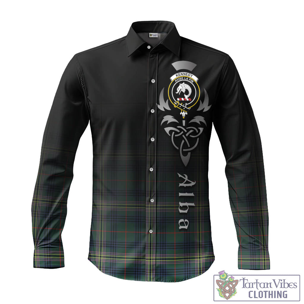 Tartan Vibes Clothing Kennedy Modern Tartan Long Sleeve Button Up Featuring Alba Gu Brath Family Crest Celtic Inspired