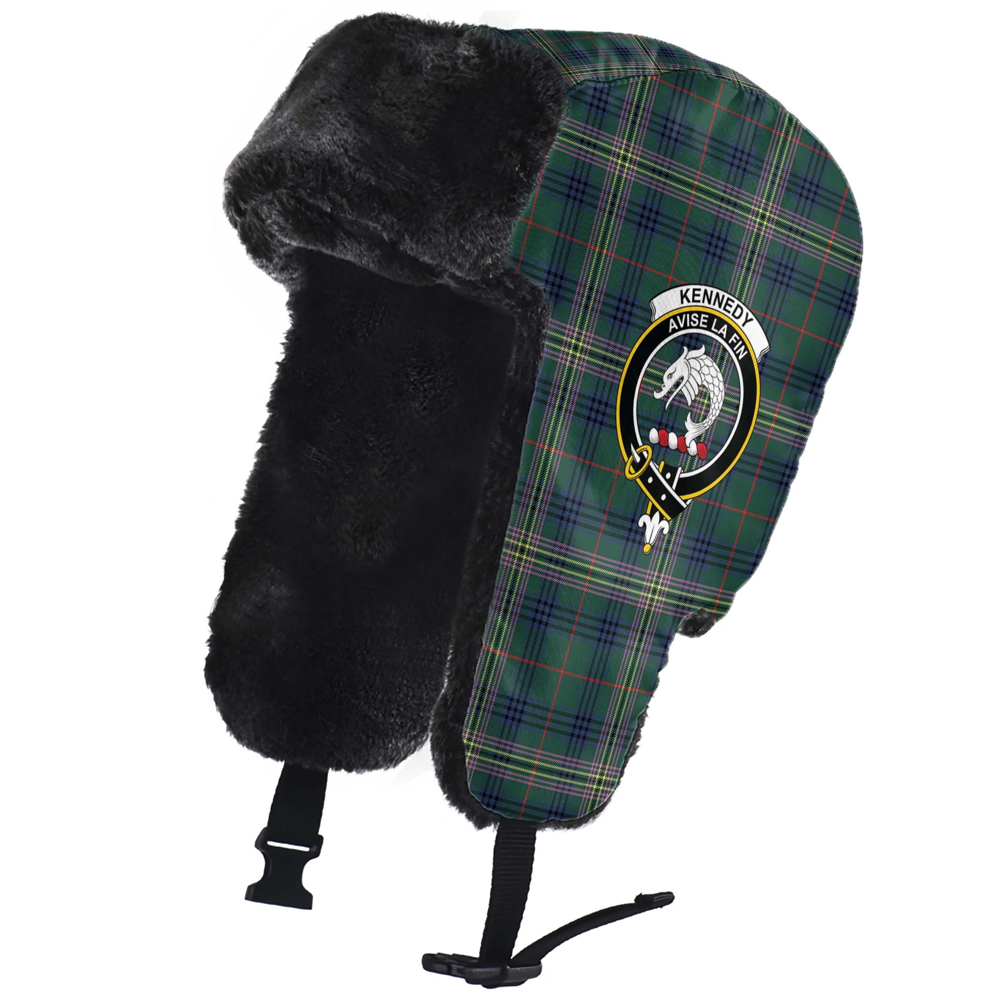 Kennedy Modern Tartan Winter Trapper Hat with Family Crest - Tartanvibesclothing